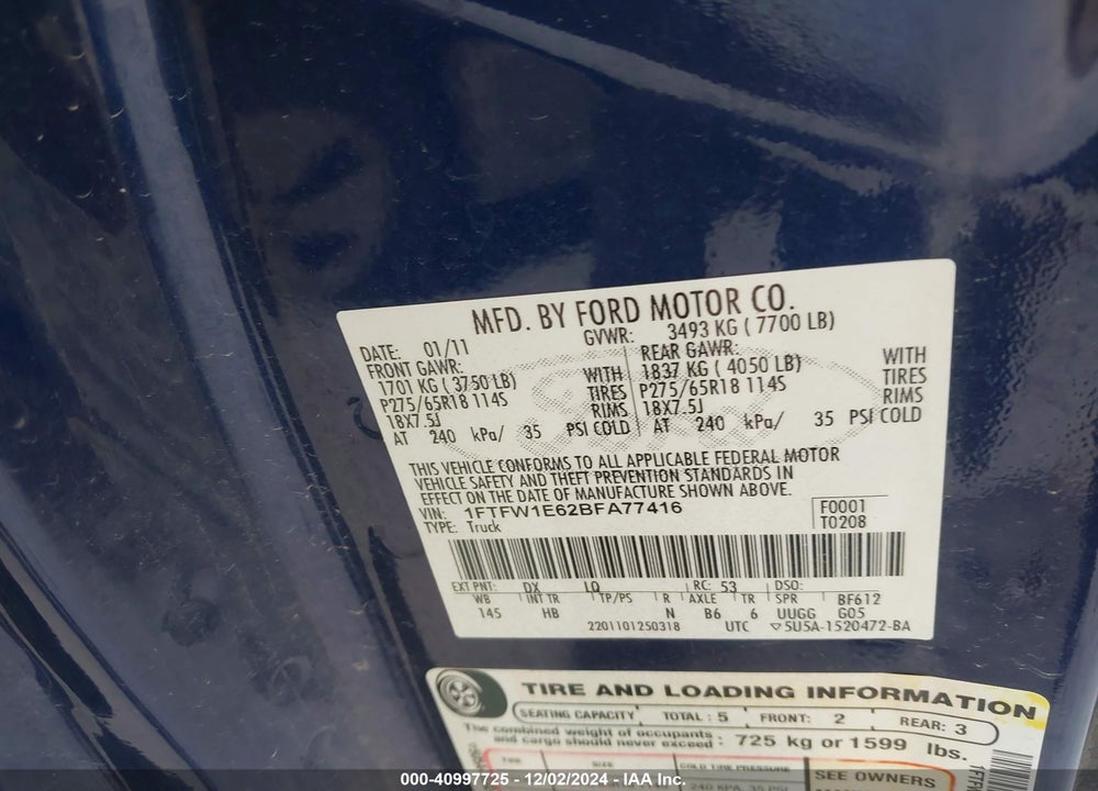 2011 FORD F-150 LARIAT VIN: 1FTFW1E62BFA77416