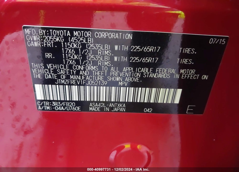 2015 TOYOTA RAV4 LE VIN: JTMZFREV1FJ052139