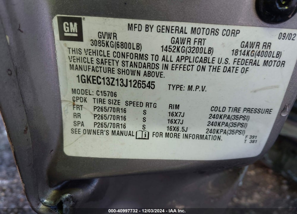 2003 GMC YUKON SLT VIN: 1GKEC13Z13J126545