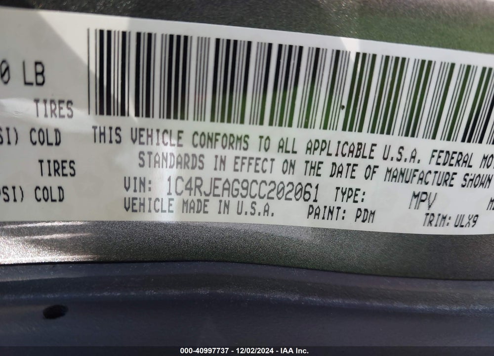 2012 JEEP GRAND CHEROKEE LAREDO VIN: 1C4RJEAG9CC202061