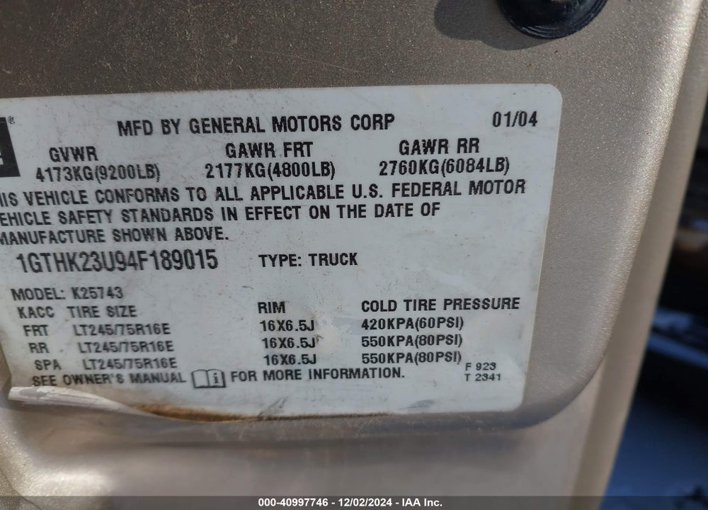 2004 GMC SIERRA 2500HD SLT VIN: 1GTHK23U94F189015