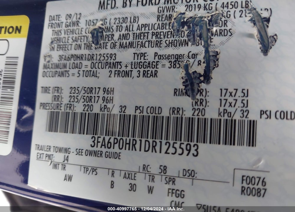 2013 FORD FUSION VIN: 3FA6P0HR1DR125593