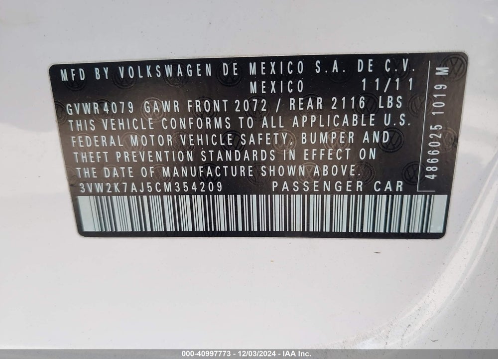 2012 VOLKSWAGEN JETTA 2.0L S VIN: 3VW2K7AJ5CM354209