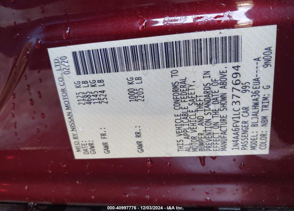 2020 NISSAN MAXIMA VIN: 1N4AA6FV1LC377694