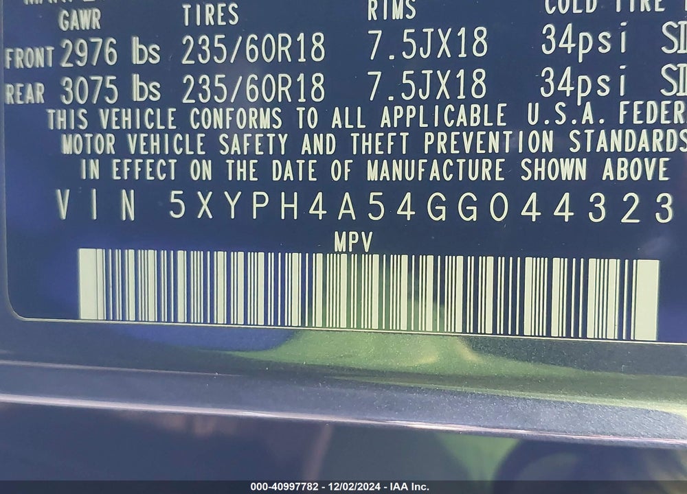 2016 KIA SORENTO 3.3L EX VIN: 5XYPH4A54GG044323