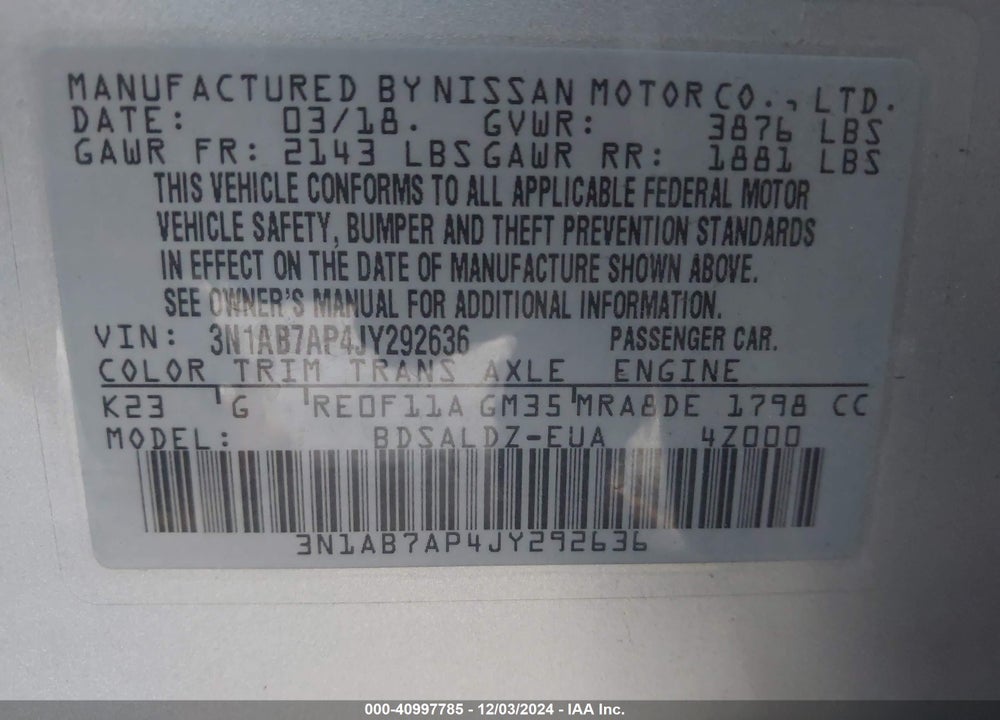 2018 NISSAN SENTRA SV VIN: 3N1AB7AP4JY292636