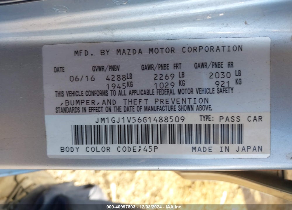 2016 MAZDA MAZDA6 VIN: JM1GJ1V56G1488509