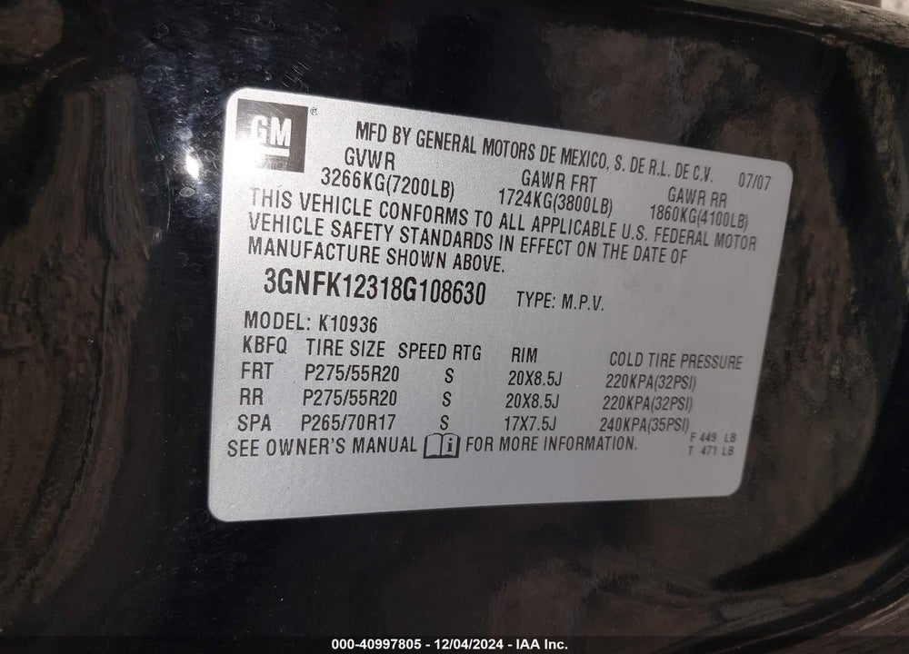 2008 CHEVROLET AVALANCHE 1500 LTZ VIN: 3GNFK12318G108630