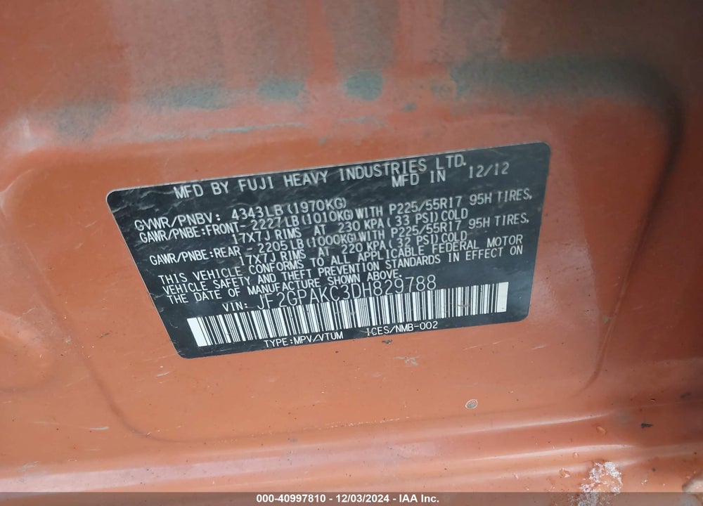 2013 SUBARU XV CROSSTREK 2.0I LIMITED VIN: JF2GPAKC3DH829788