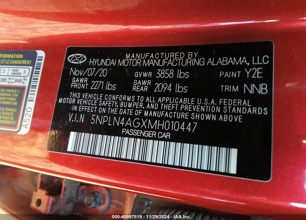 2021 HYUNDAI ELANTRA SEL VIN: 5NPLN4AGXMH010447