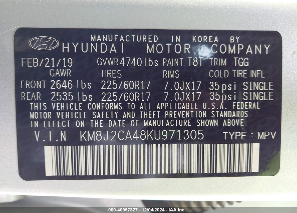 2019 HYUNDAI TUCSON VIN: KM8J2CA48KU971305