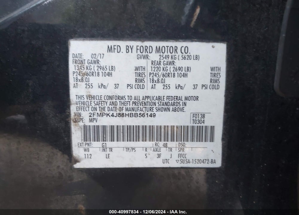 2017 FORD EDGE SEL VIN: 2FMPK4J88HBB56149