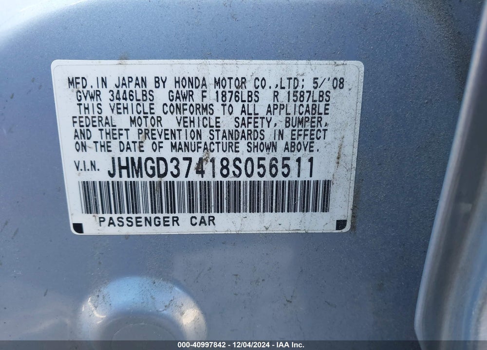 2008 HONDA FIT VIN: JHMGD37418S056511