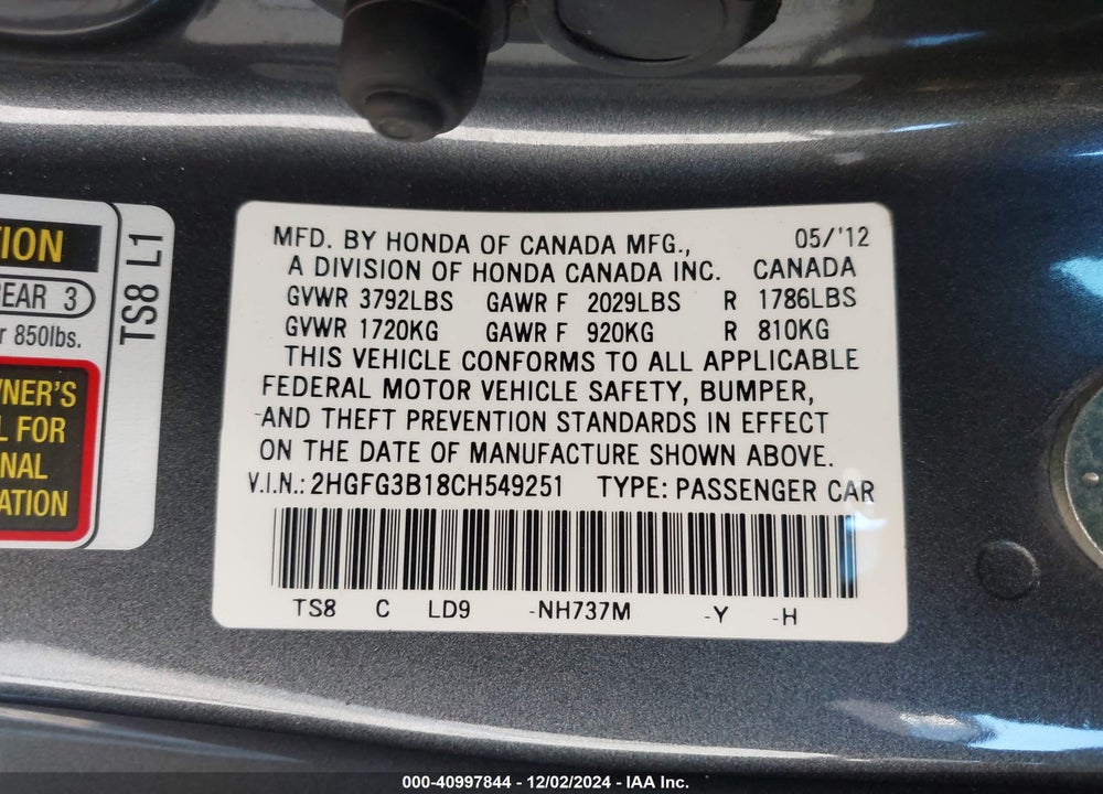 2012 HONDA CIVIC EX-L VIN: 2HGFG3B18CH549251
