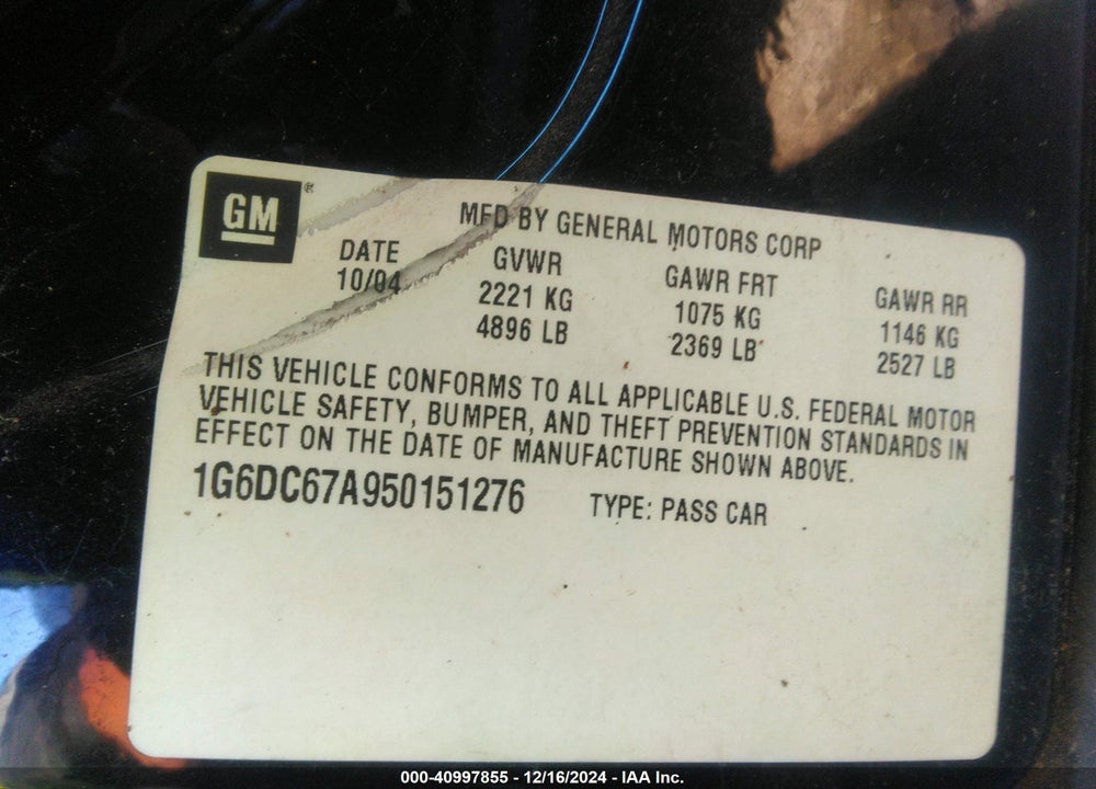 2005 CADILLAC STS V8 VIN: 1G6DC67A950151276