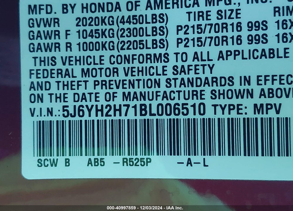 2011 HONDA ELEMENT EX VIN: 5J6YH2H71BL006510