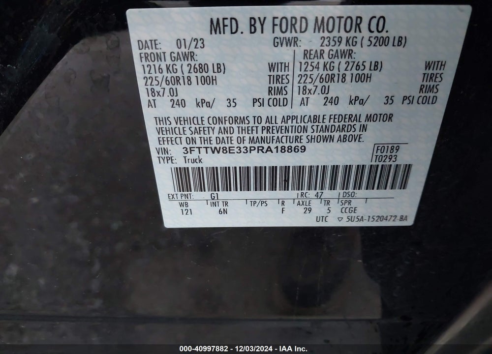 2023 FORD MAVERICK VIN: 3FTTW8E33PRA18869