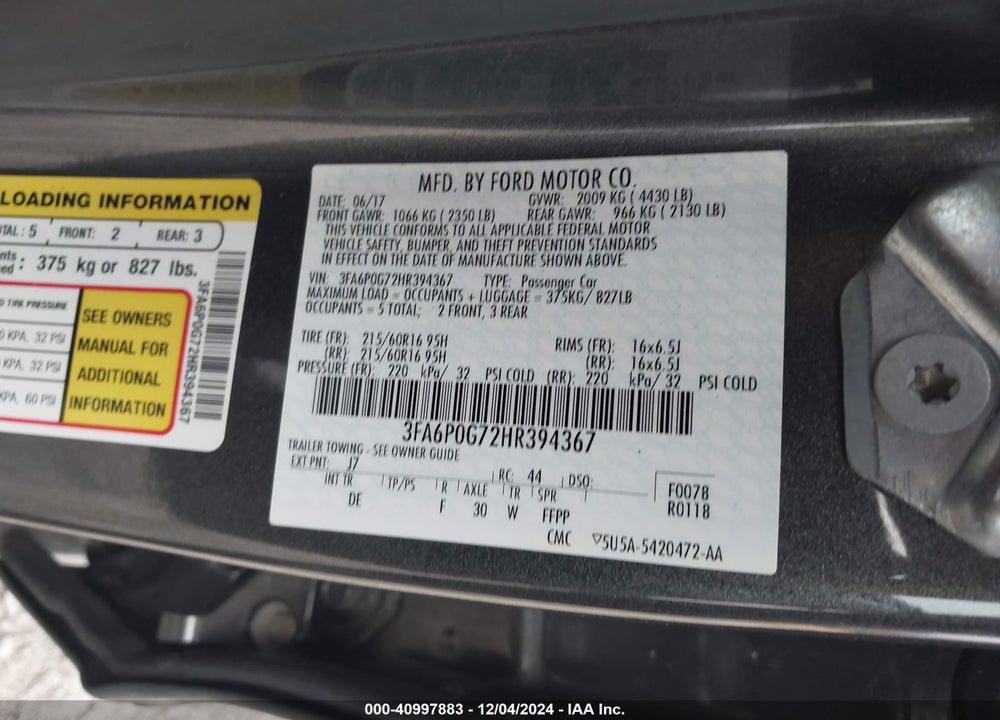 2017 FORD FUSION S VIN: 3FA6P0G72HR394367