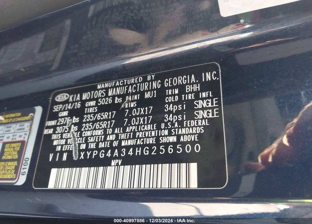 2017 KIA SORENTO 2.4L LX VIN: 5XYPG4A34HG256500