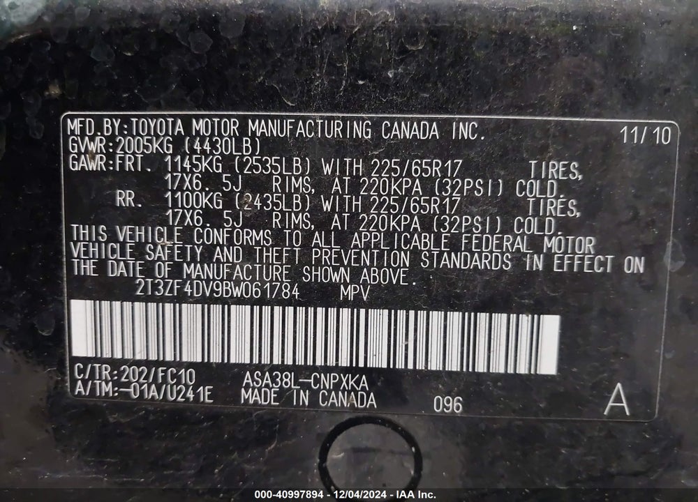 2011 TOYOTA RAV4 VIN: 2T3ZF4DV9BW061784