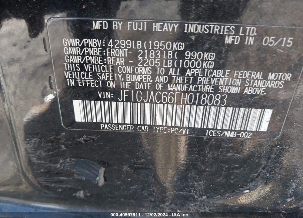 2015 SUBARU IMPREZA 2.0I PREMIUM VIN: JF1GJAC66FH018083