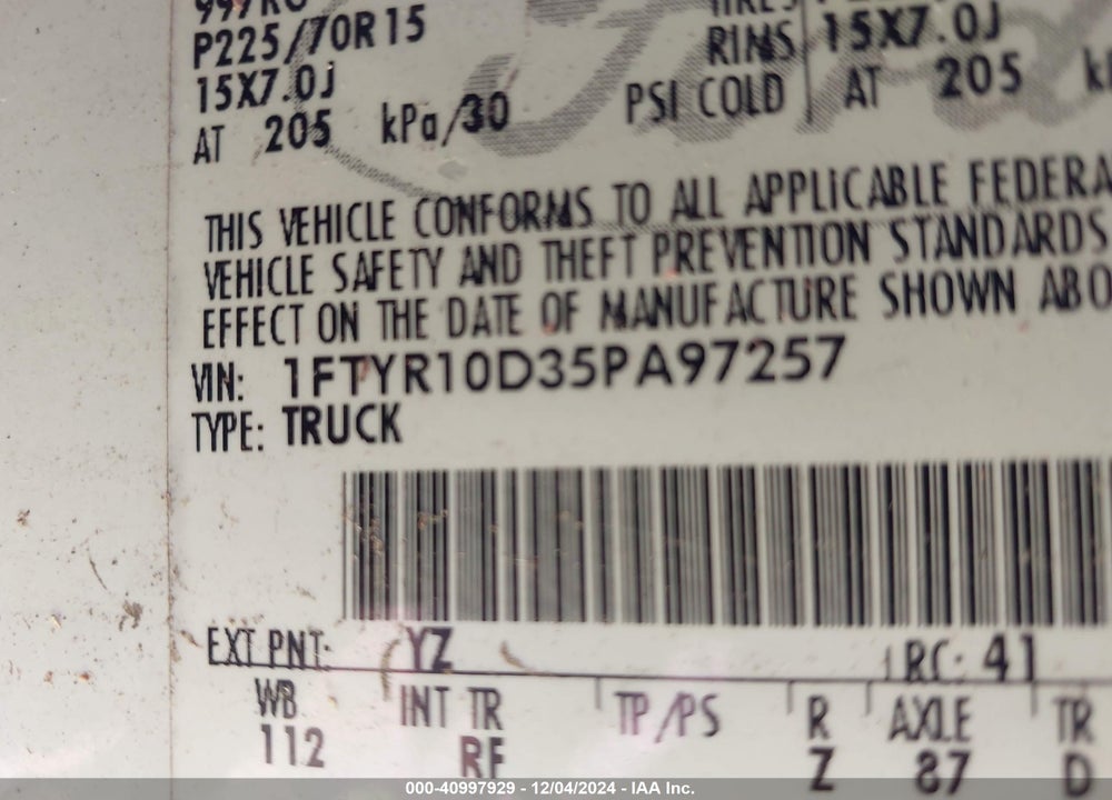 2005 FORD RANGER XL/XLS/XLT VIN: 1FTYR10D35PA97257
