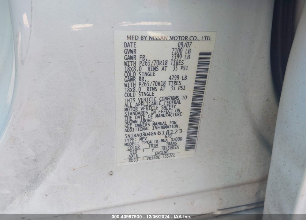 2008 NISSAN ARMADA SE VIN: 5N1BA08D48N618123