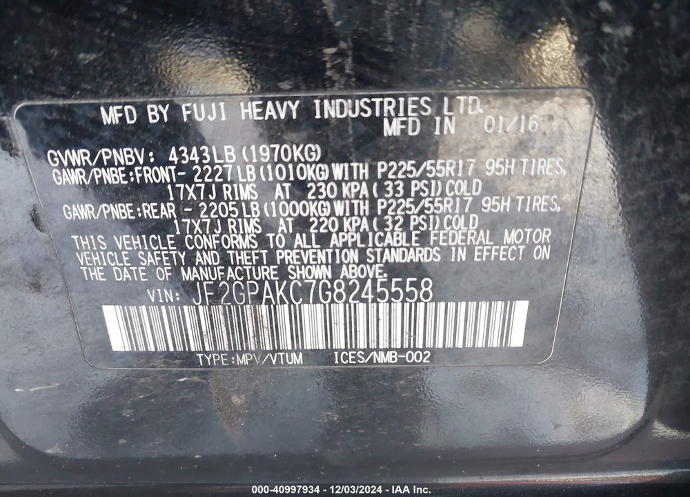 2016 SUBARU CROSSTREK 2.0I LIMITED VIN: JF2GPAKC7G8245558
