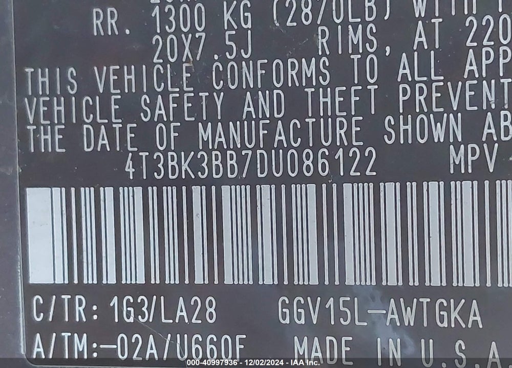 2013 TOYOTA VENZA LIMITED V6 VIN: 4T3BK3BB7DU086122