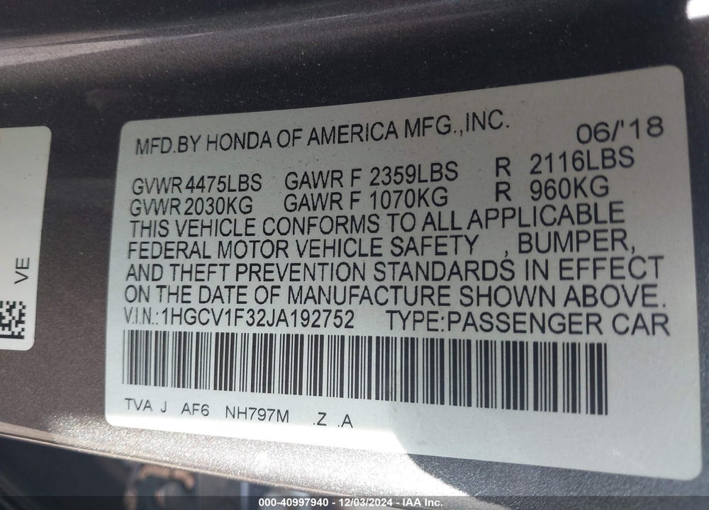 2018 HONDA ACCORD SPORT VIN: 1HGCV1F32JA192752