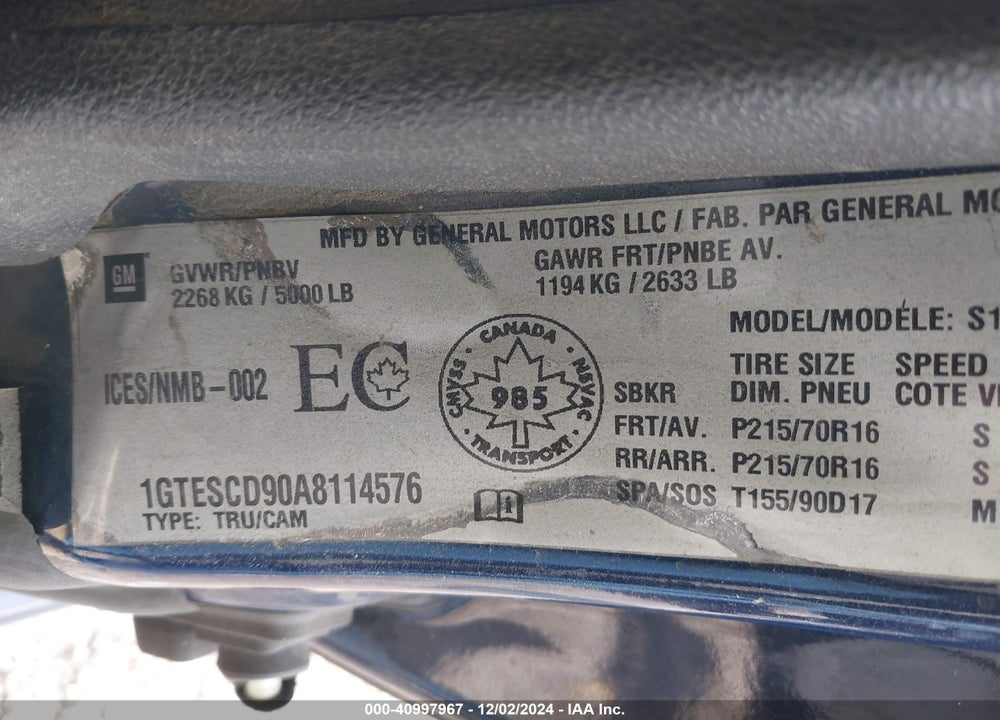 2010 GMC CANYON SLE1 VIN: 1GTESCD90A8114576