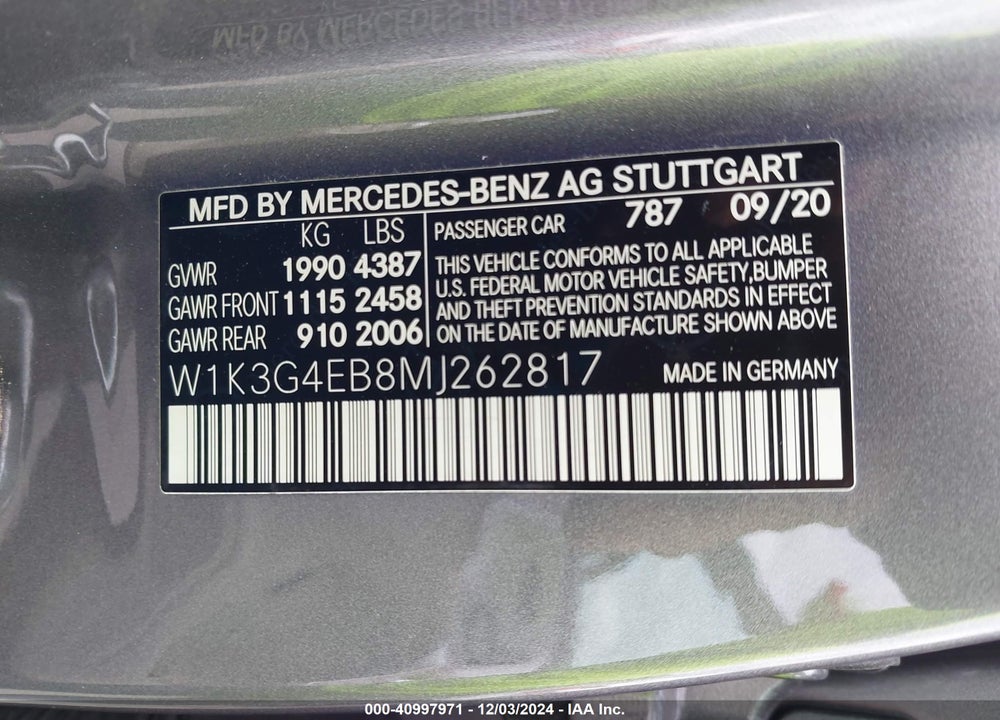 2021 MERCEDES-BENZ A VIN: W1K3G4EB8MJ262817