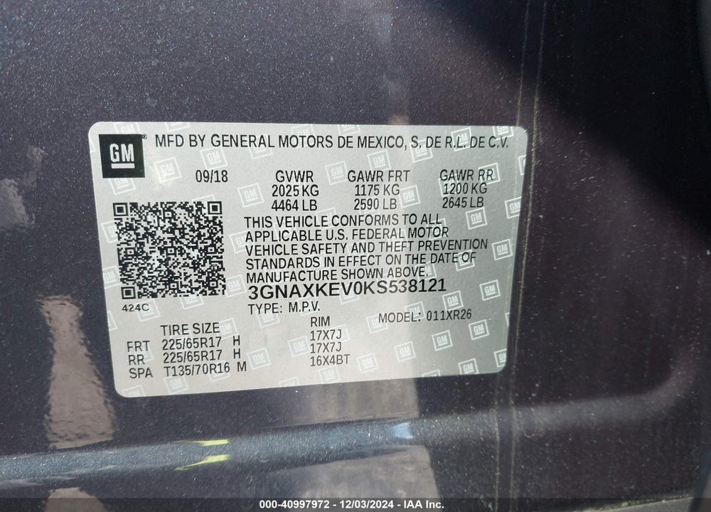 2019 CHEVROLET EQUINOX LT VIN: 3GNAXKEV0KS538121