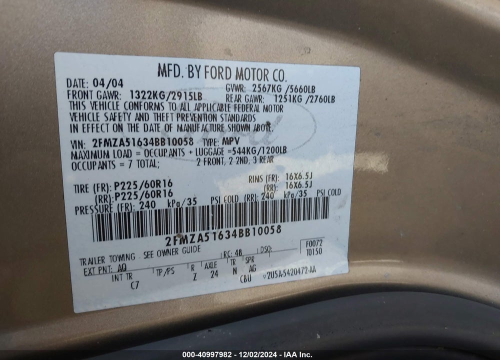 2004 FORD FREESTAR SE VIN: 2FMZA51634BB10058