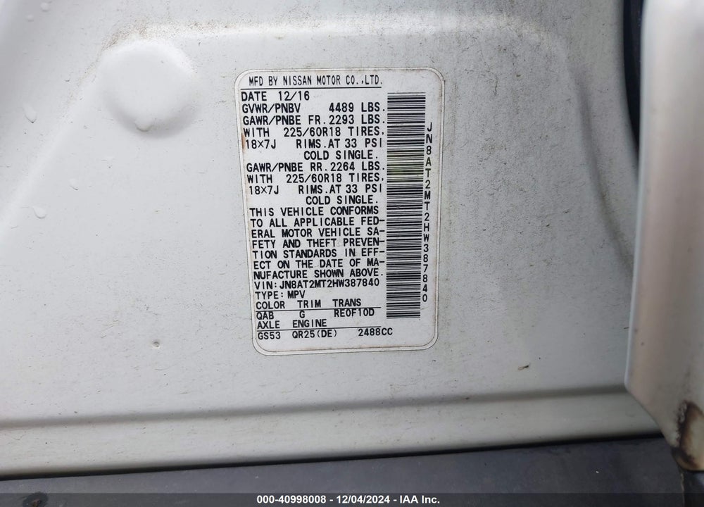 2017 NISSAN ROGUE SL VIN: JN8AT2MT2HW387840