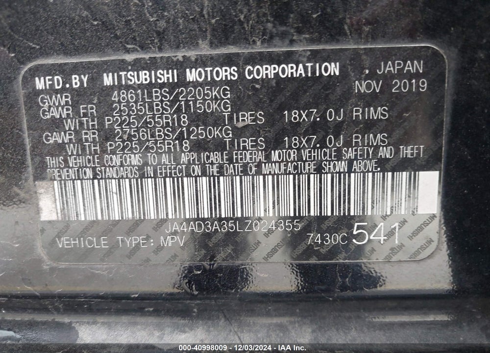 2020 MITSUBISHI OUTLANDER SE 2.4 VIN: JA4AD3A35LZ024355