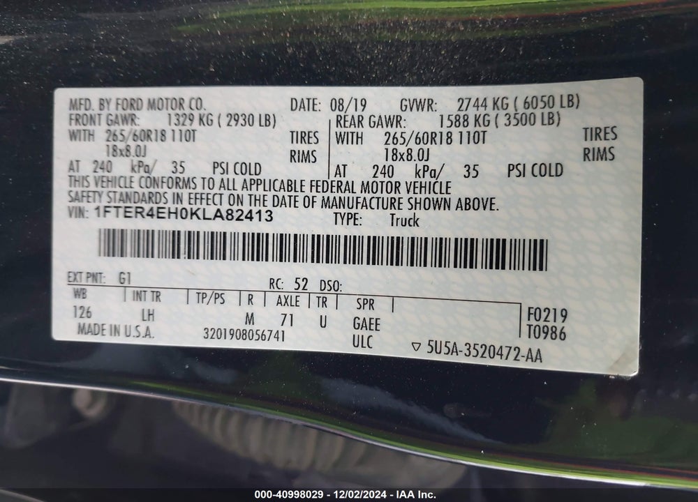 2019 FORD RANGER XLT VIN: 1FTER4EH0KLA82413
