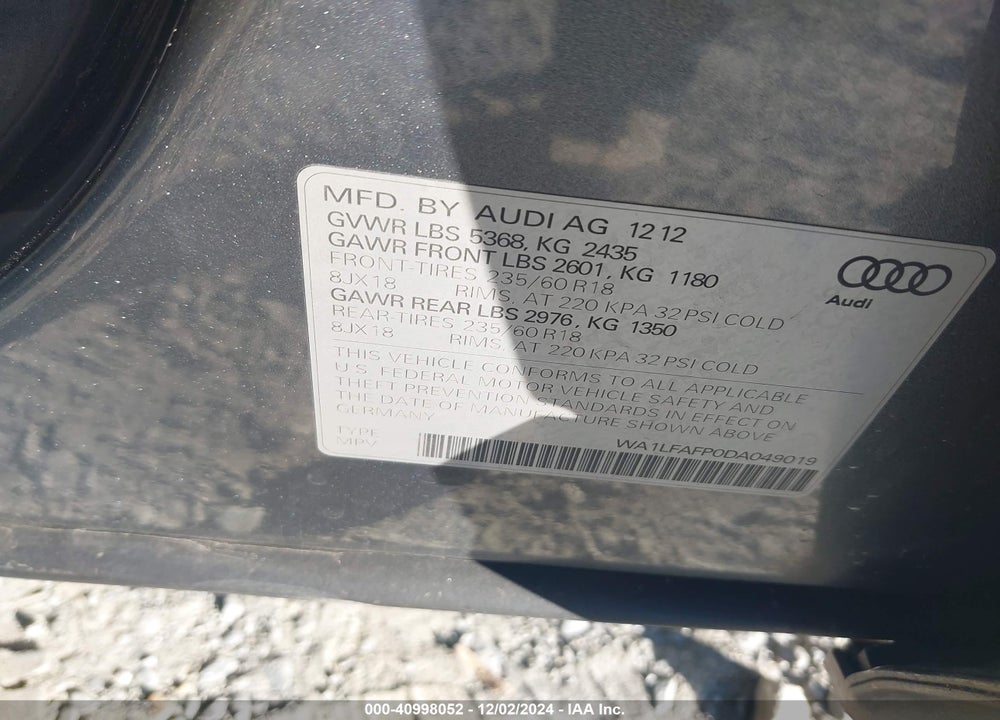 2013 AUDI Q5 2.0T PREMIUM VIN: WA1LFAFP0DA049019
