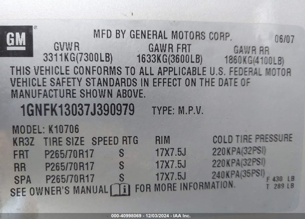 2007 CHEVROLET TAHOE LT VIN: 1GNFK13037J390979