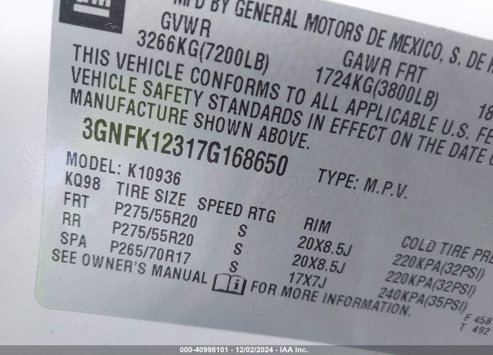 2007 CHEVROLET AVALANCHE 1500 LTZ VIN: 3GNFK12317G168650