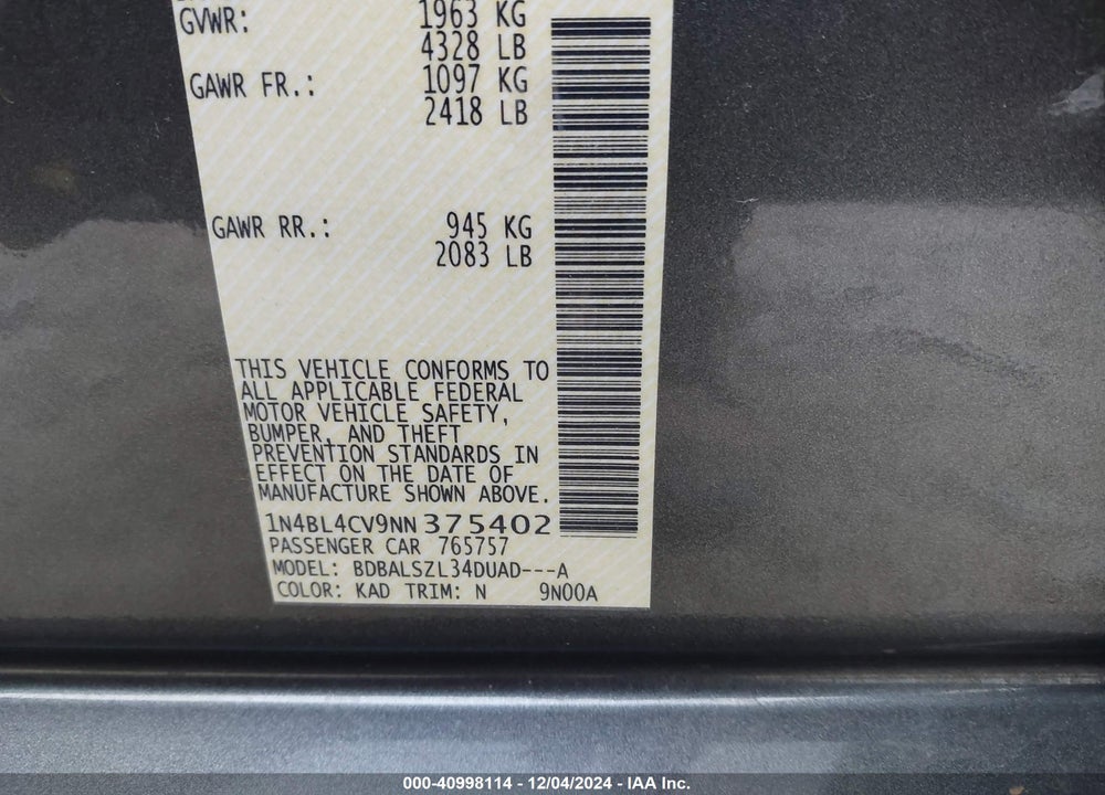 2022 NISSAN ALTIMA SR FWD VIN: 1N4BL4CV9NN375402