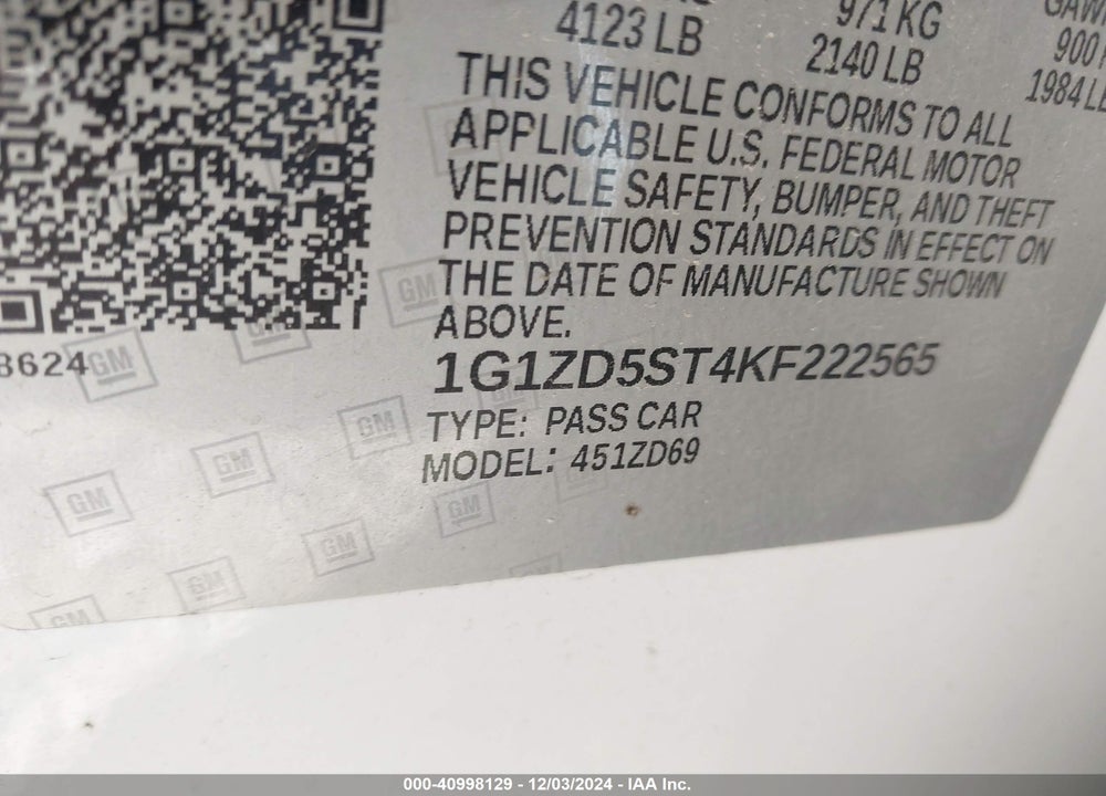 2019 CHEVROLET MALIBU VIN: 1G1ZD5ST4KF222565