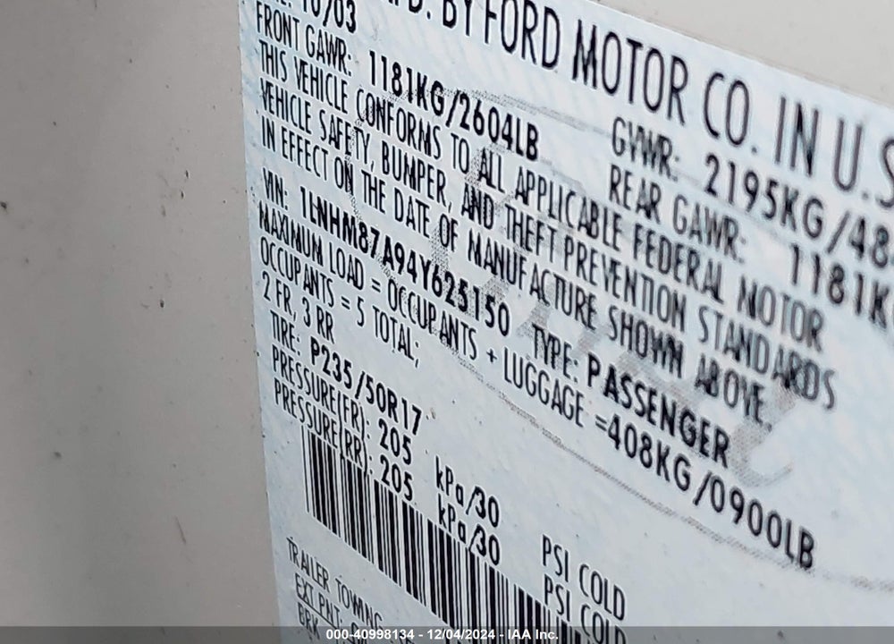 2004 LINCOLN LS V8 VIN: 1LNHM87A94Y625150