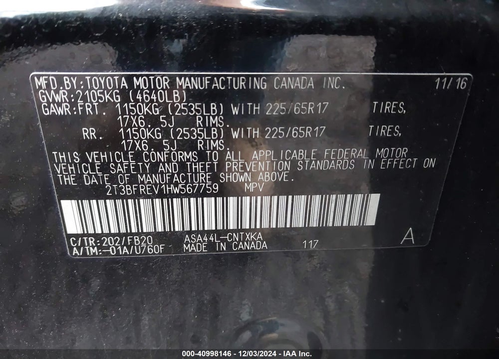 2017 TOYOTA RAV4 LE VIN: 2T3BFREV1HW567759