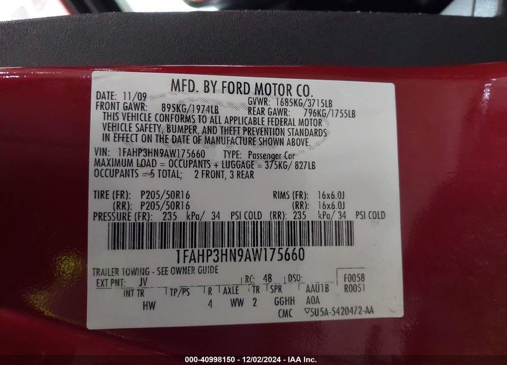 2010 FORD FOCUS SEL VIN: 1FAHP3HN9AW175660
