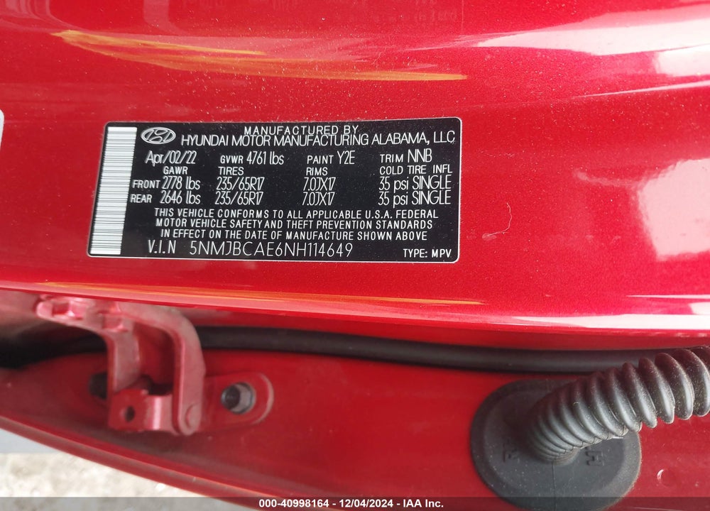 2022 HYUNDAI TUCSON SEL VIN: 5NMJBCAE6NH114649