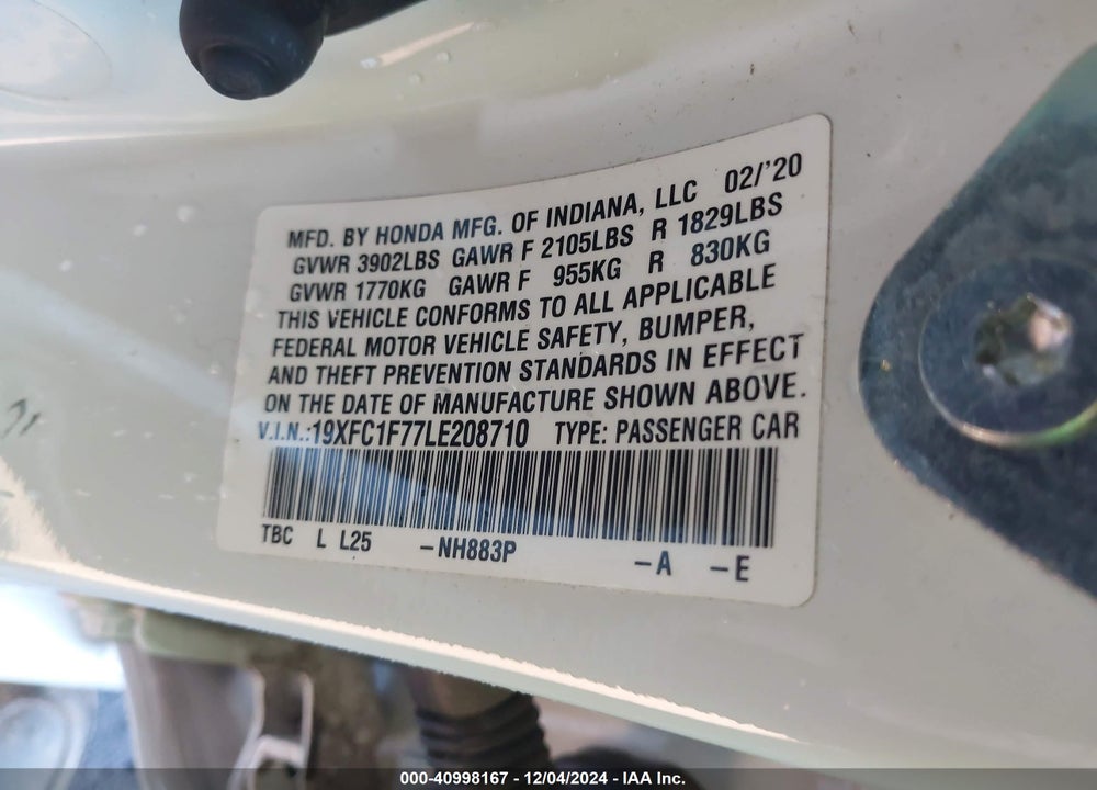 2020 HONDA CIVIC VIN: 19XFC1F77LE208710