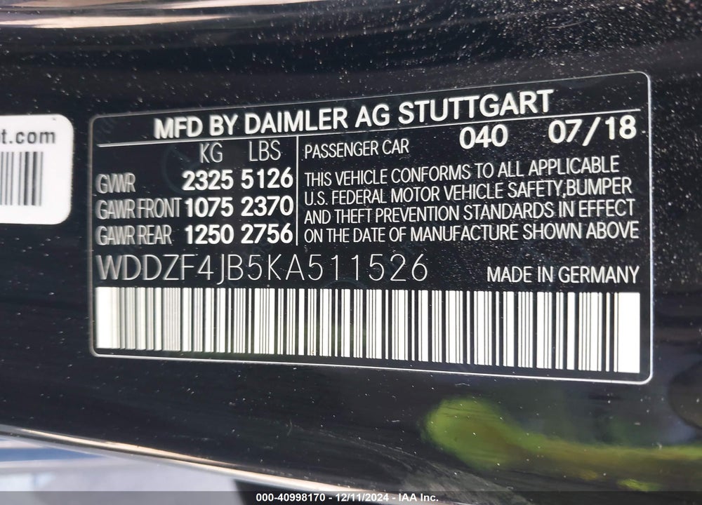 2019 MERCEDES-BENZ E VIN: WDDZF4JB5KA511526