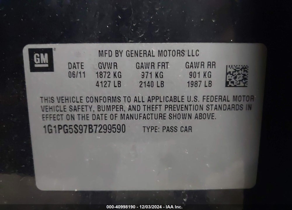 2011 CHEVROLET CRUZE 2LT VIN: 1G1PG5S97B7299590
