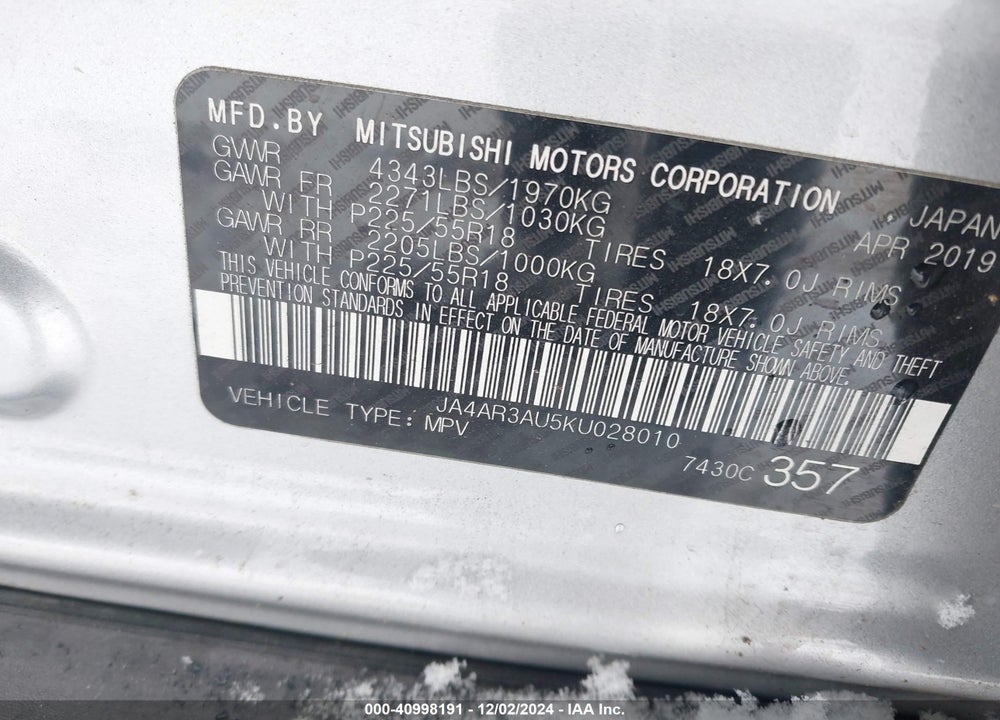 2019 MITSUBISHI OUTLANDER SPORT 2.0 ES/2.0 LE/2.0 SE/2.0 SP VIN: JA4AR3AU5KU028010